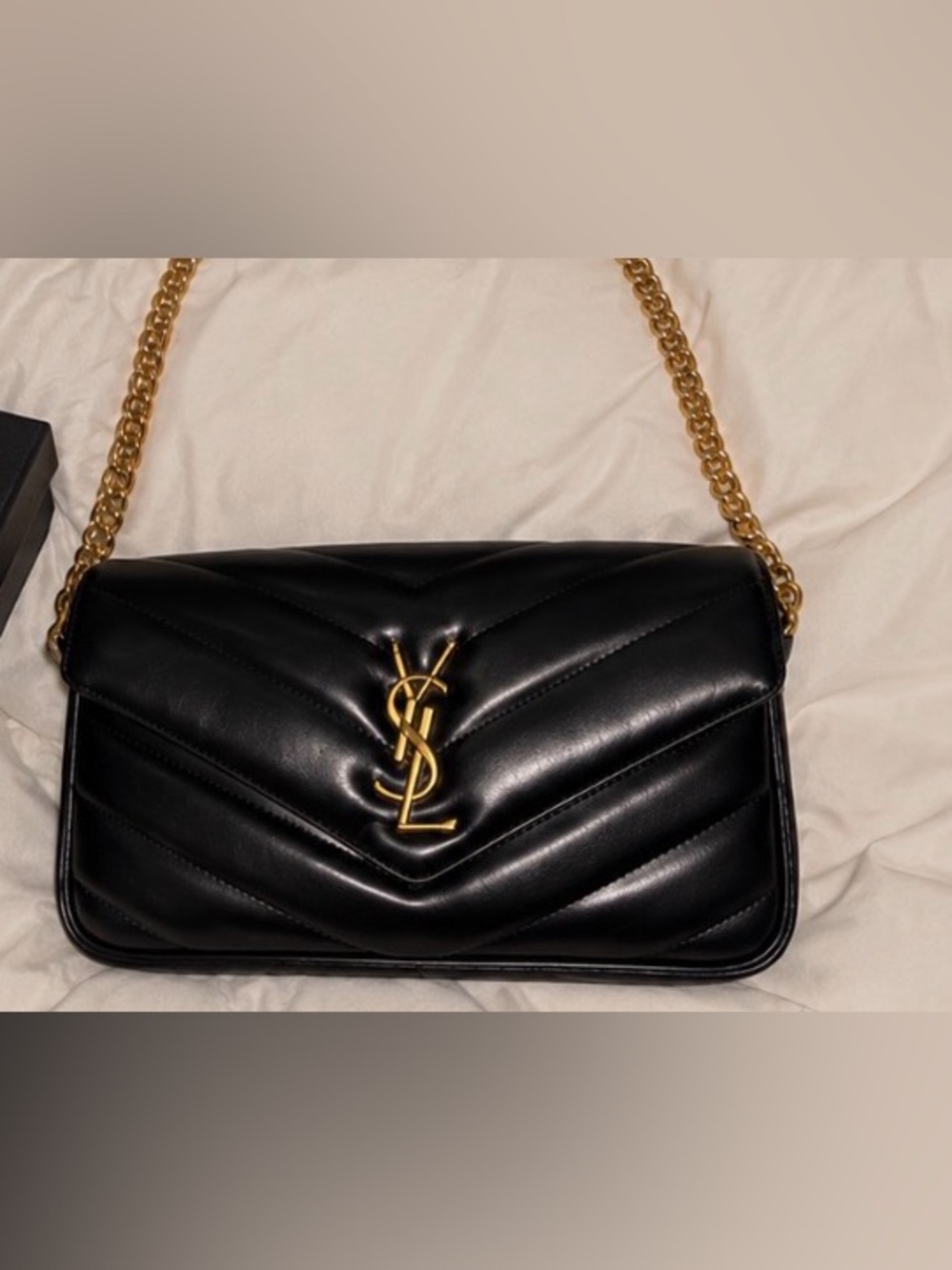 Saint Laurent Black Quilted Leather Shoulder Bag with Gold YSL Logo and Chain
